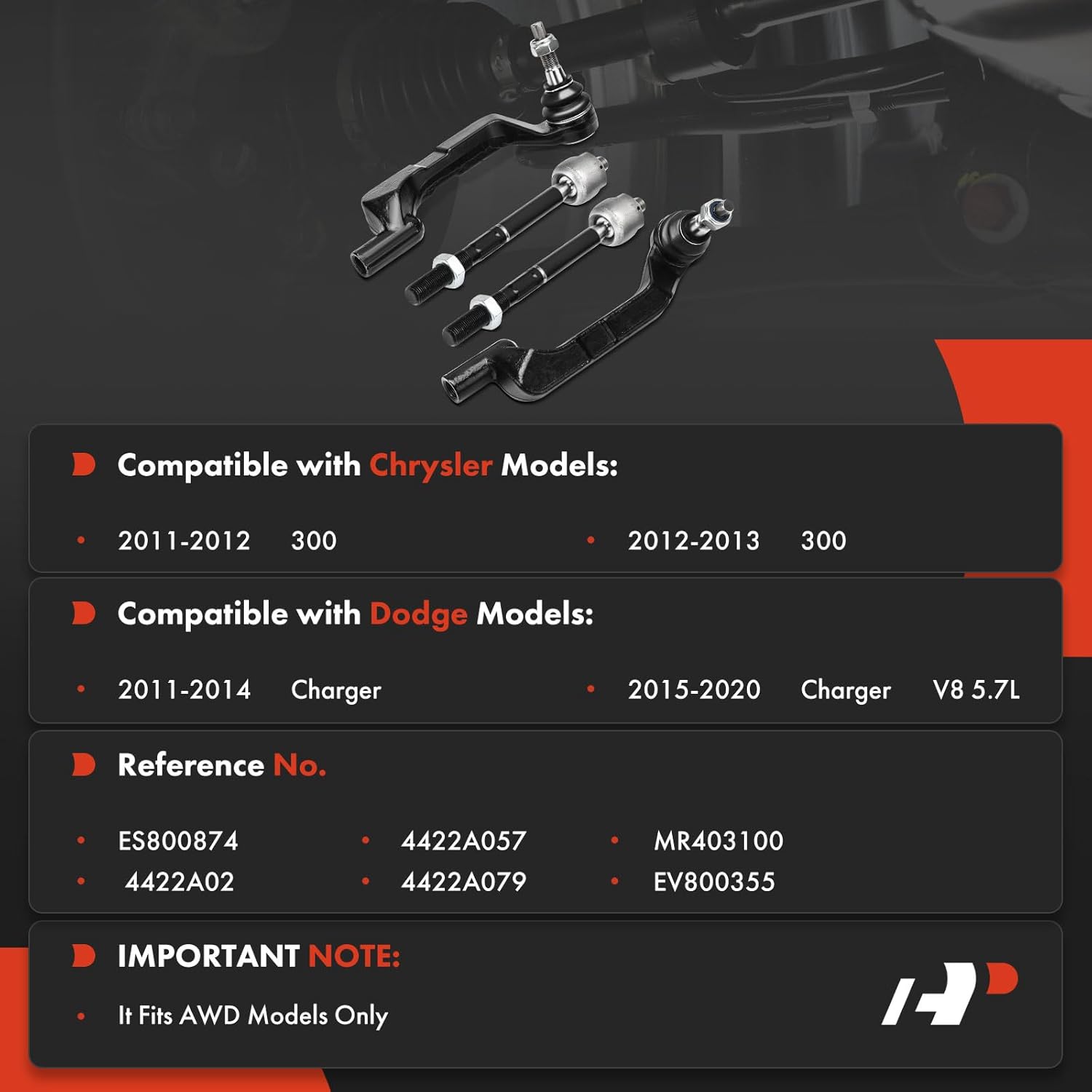 A-Premium Set of 4, Front Inner Outer Tie Rod End Kit, Compatible with Dodge Charger 2011-2020 & Chrysler 300 2011-2013