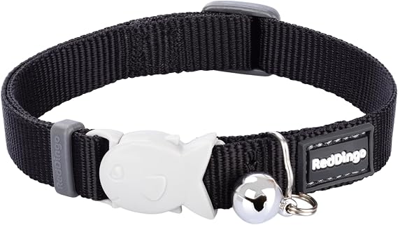 Red Dingo Classic Safety Release Breakaway Premium Cat Collar Adjustable One Size Fits All with Soft Nylon Webbing, 4.4lb Safety Release Fish Clip, Stainless Steel D-Ring, Wildlife Bell Black