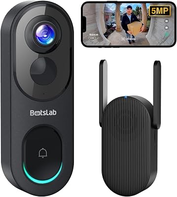 BOTSLAB Timbre Inalámbrico con Cámara, 5MP, Visión 180°, 150 Días de Duración de la Batería, Sin Cuota Mensual, Audio bidireccional, Detección de Personas, Impermeable, alertas, 2.4GHz WiFi