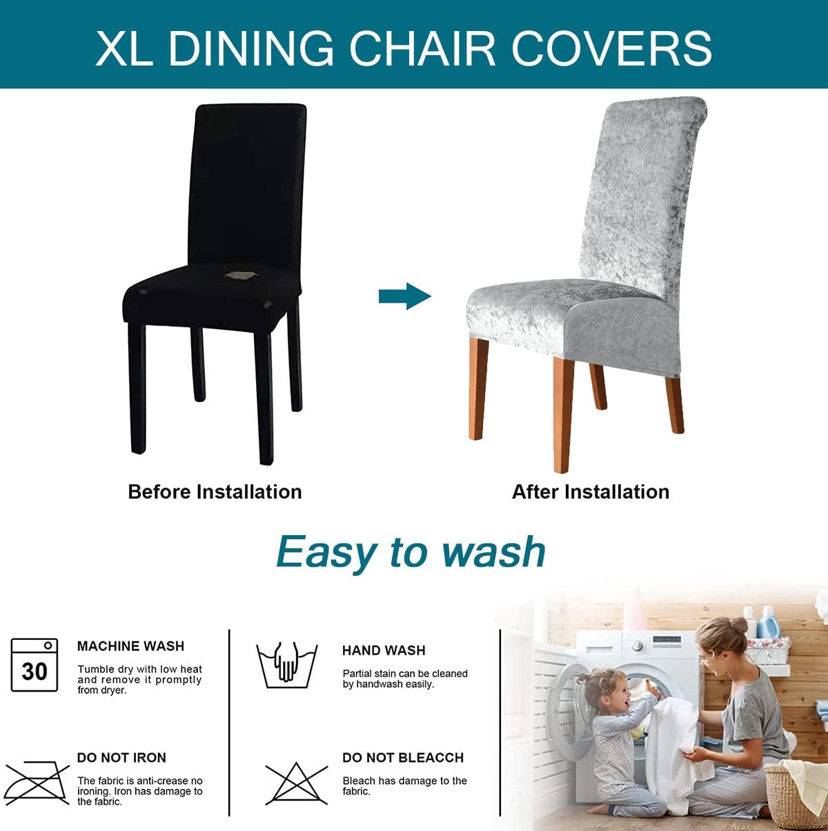 Velvet XL Dining Chair Covers - Stretch Chair Slipcovers, Spandex Parson Chair Slipcovers for Dining Room, Wedding, Ceremony, Banquet - Silver - 4 Pieces