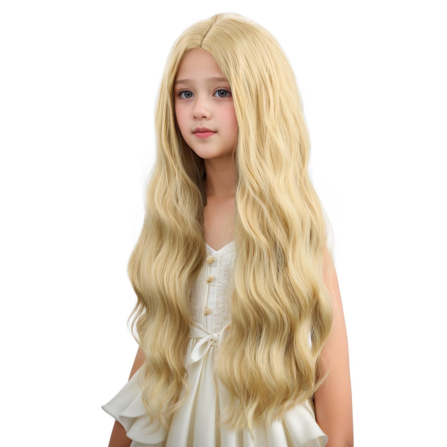 Kid Blonde Wig Child Long Blonde Wavy Curly Wig Girl Middle Part Wigs Heat Resistant Synthetic Wigs with Cap