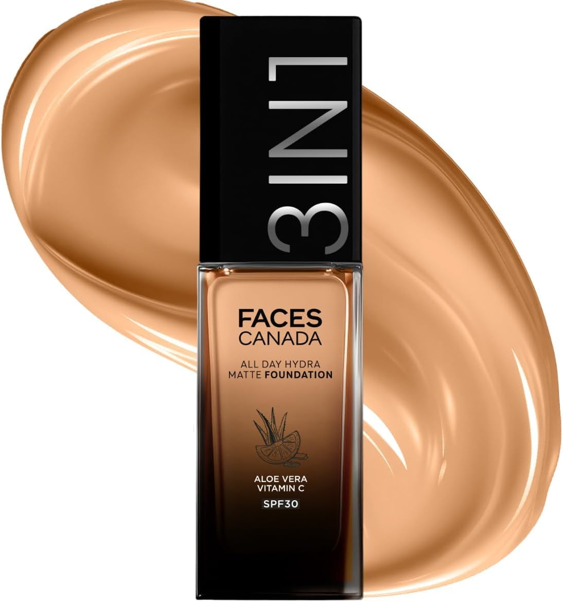 FACES CANADA All Day Hydra Matte Foundation | 3-in-1 Foundation + Moisturizer + SPF 30 | 24 HR Aloe Hydration & Vitamin C | 10HR Long Wear | Medium to High Buildable Coverage | Golden Beige 032 | 30ml