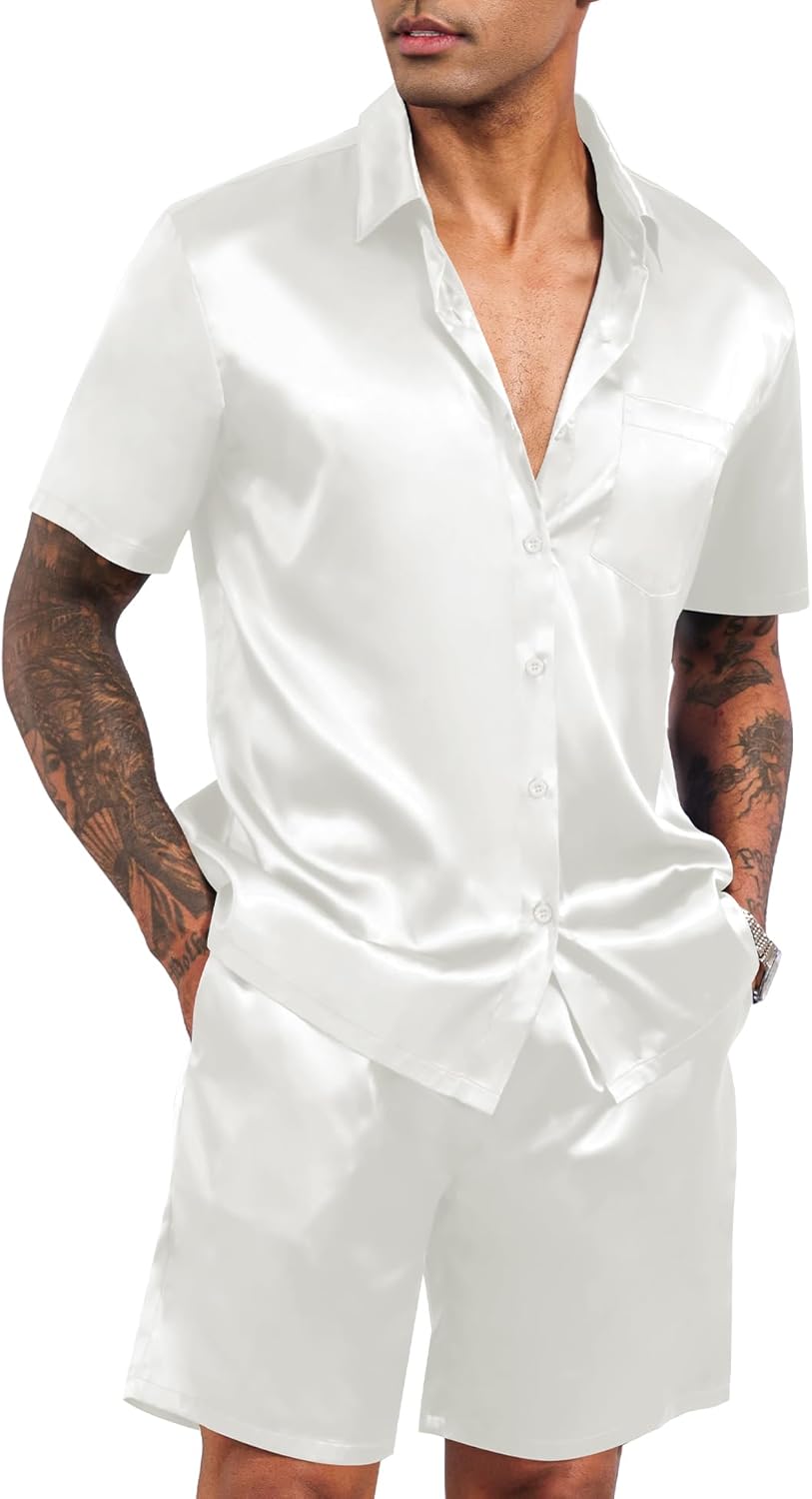 LecGee Men’s Satin 2 Piece Outfits Lapel Shirt and Shorts Short Sleeve Button Down Tracksuit Luxury Set Prom Club Party