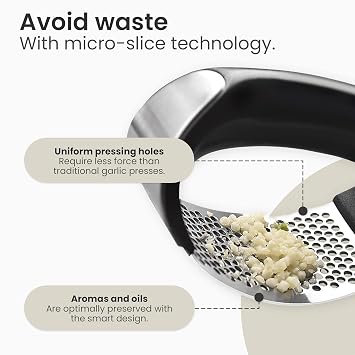 Aputue Garlic Press Swing, Stainless Steel Garlic Crusher, Precision Kitchen Tool with Ergonomic Handle, Silicone Tube Peeler and Cleaning Brush Gift