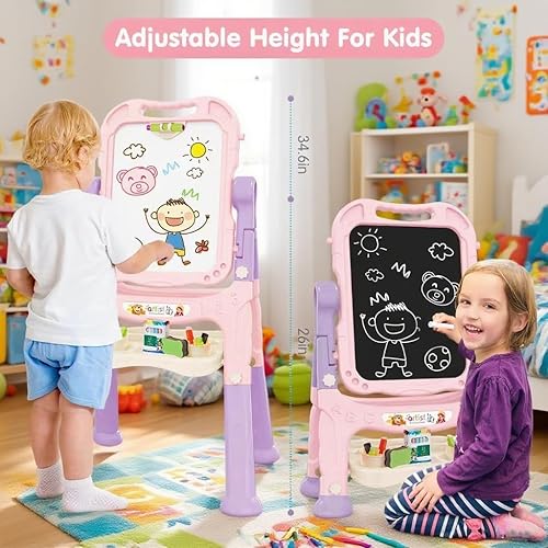 Miniatura 2 de Amagoing Caballete para niños, caballete de arte ajustable para niños pequeños, tablero de dibujo magnético doble con accesorios de pintura, regalo