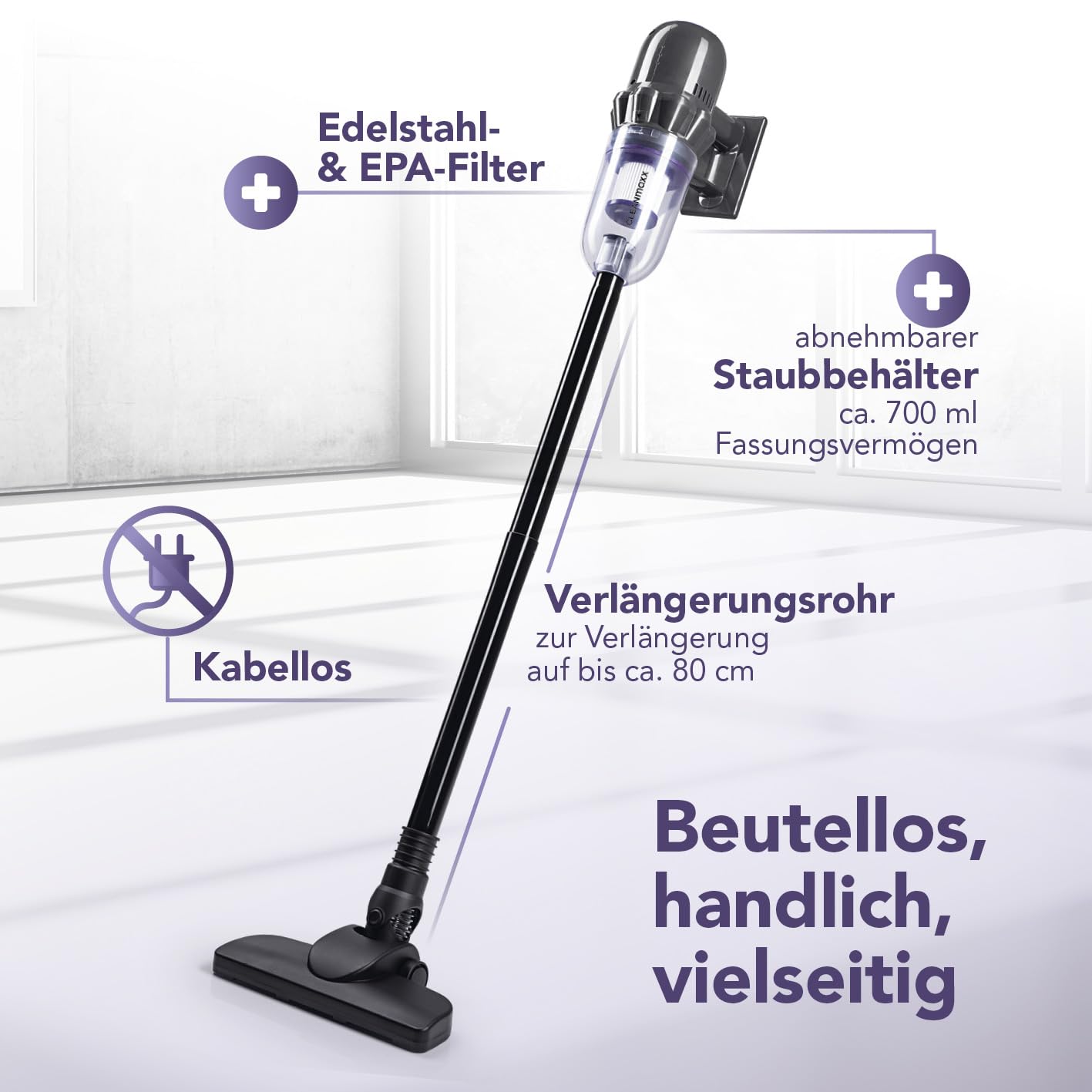 CLEANmaxx Akku Staubsauger | 2in1 Handstaubsauger & Bodenstaubsauger | max. 30 Min. Laufzeit | kabellos, leistungsstark, wiederaufladbar | mit Verlängerungsrohr (80 cm) & Düsen-Set