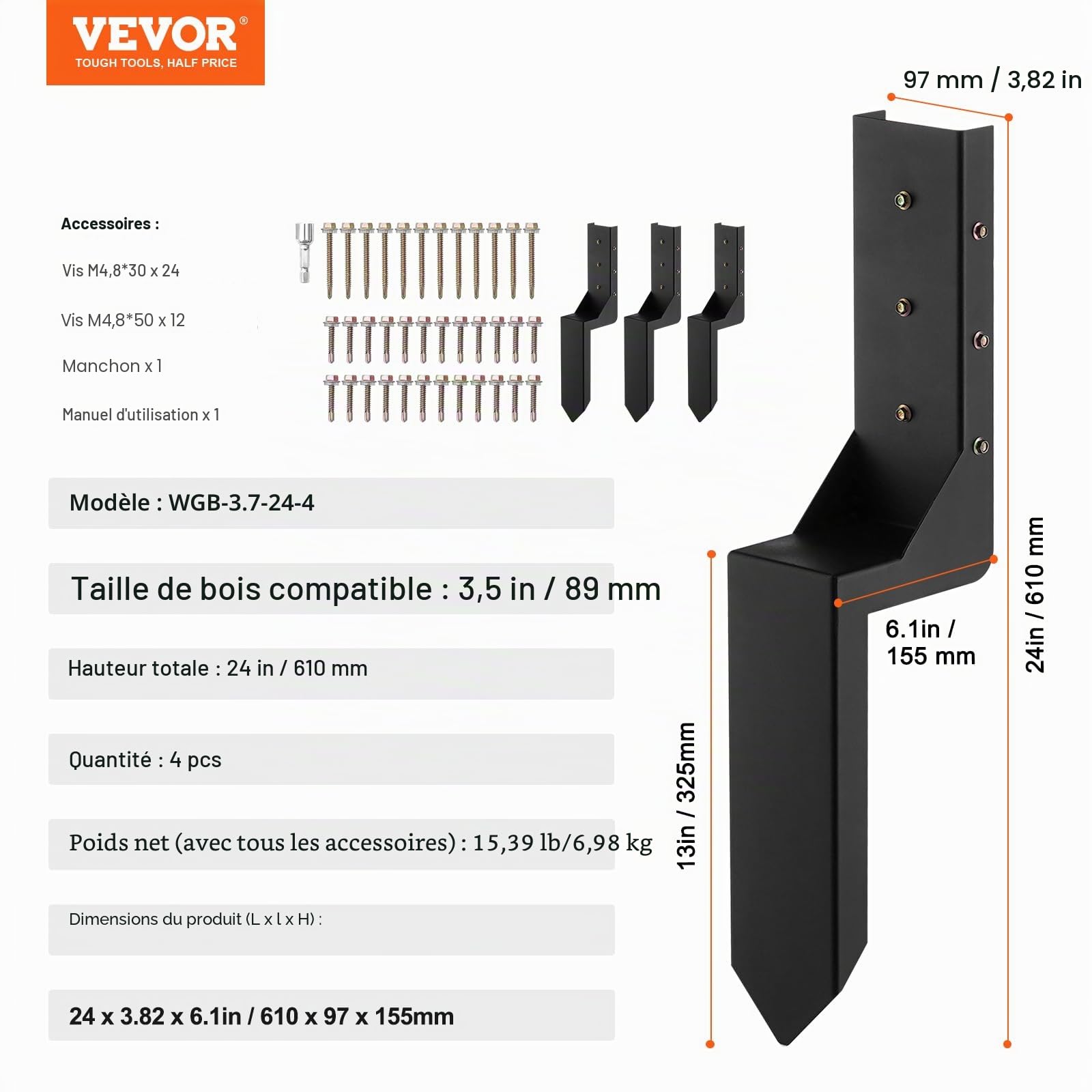 VEVOR Kit de réparation de poteau de clôture, 4 pcs, support de poteau en acier robuste, intérieur 89 x 89 mm, piquet d'ancrage au sol pour réparation de poteau de clôture en bois incliné ou cassé