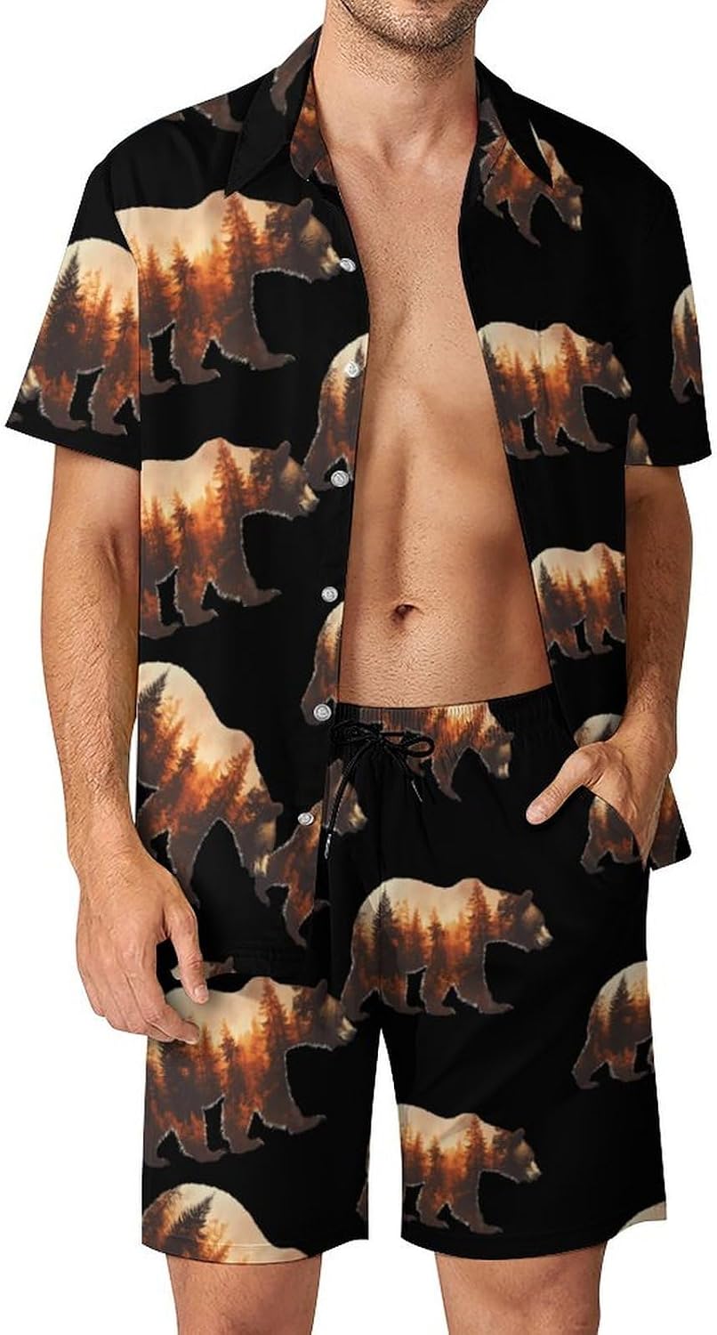Bear Autumn Forests Men's Summer Beach 2 Piece Outfits | hawaiian button down shirt and shorts,vacation cruise,mens bathing suit