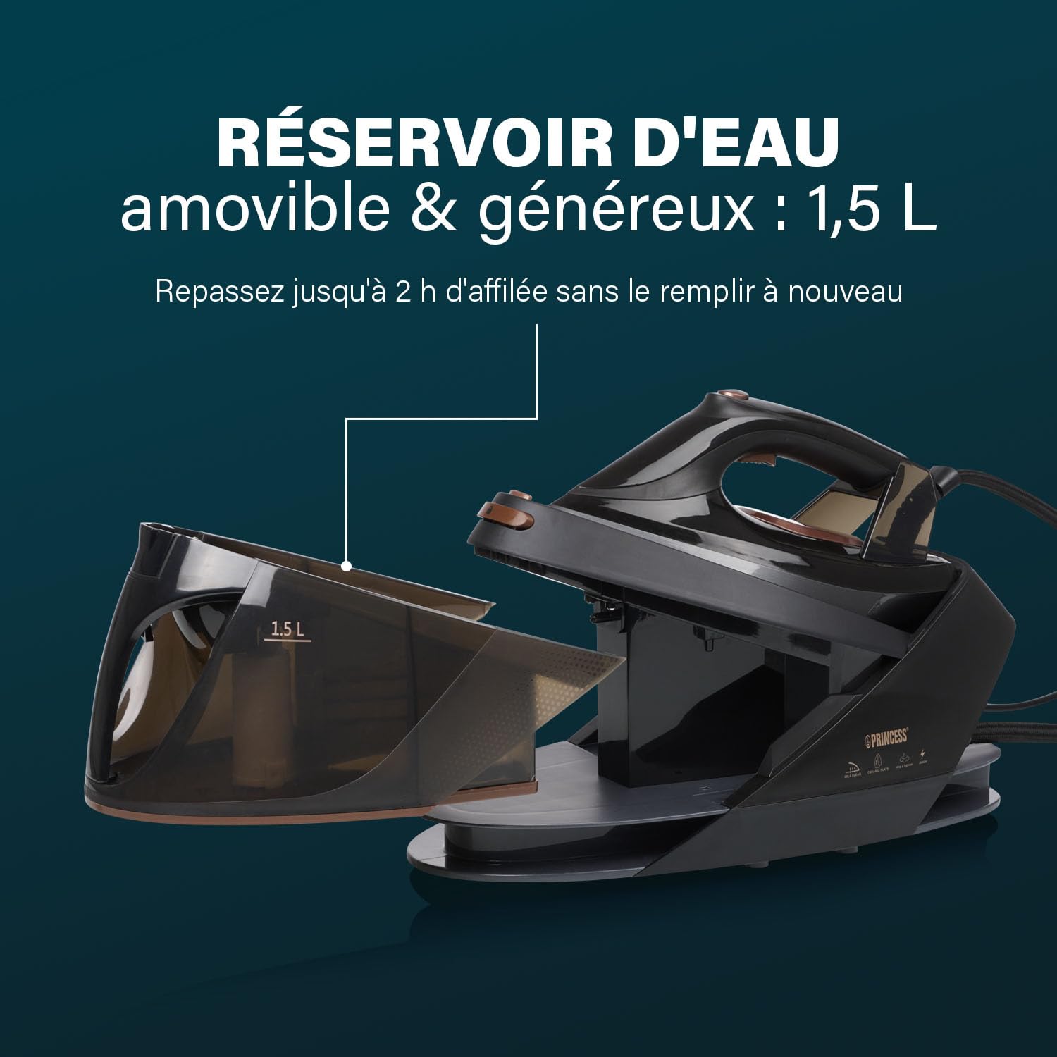 Princess Centrale Vapeur, 3000 W, Jusqu’à 7,5 bar, Réservoir 1,5 l, Semelle Céramique, 70 g/min Vapeur, 250 g/min Boost, Anti-calcaire, Arrêt Automatique, 323091