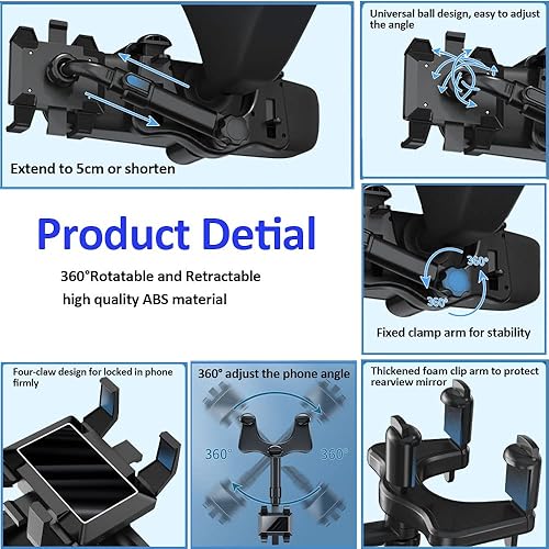 Miniatura 8 de Kairiyard Soporte para teléfono de coche, soporte para espejo retrovisor de automóvil, giratorio de 360, multifuncional y retráctil, soporte