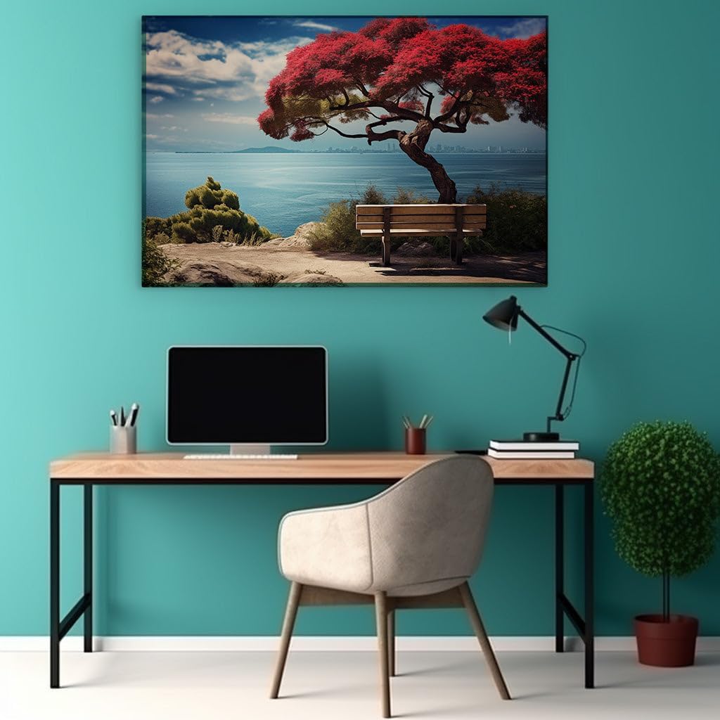 Canvas for Living room. Under the Crimson Canopy: Serenity by the Sapphire Tide, 27 x 18 inch Canvas Wall Art - Modern Home Decor