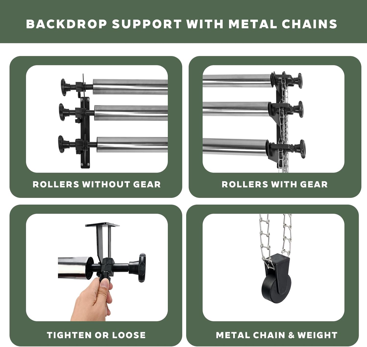 Photography Backdrop Roller Support System, 3 Rollers with Metal Chains, 120-inch Stainless Steel Crossbars, Wall/Celing/Light Stand Backdrop Mount, Background Support