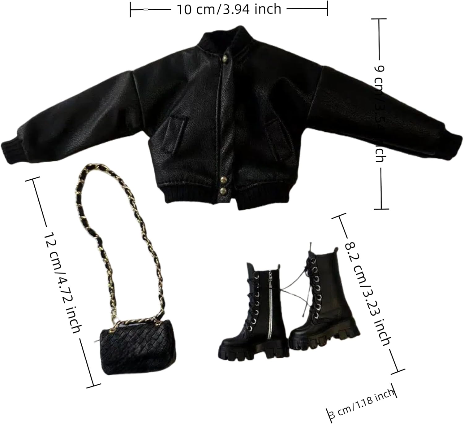 Black Fashion Doll Outfit Set, Bomber Jacket with Combat Boots and Chain Bag, for 11.5-12 inch Dolls, 1/6 BJD Action Figures