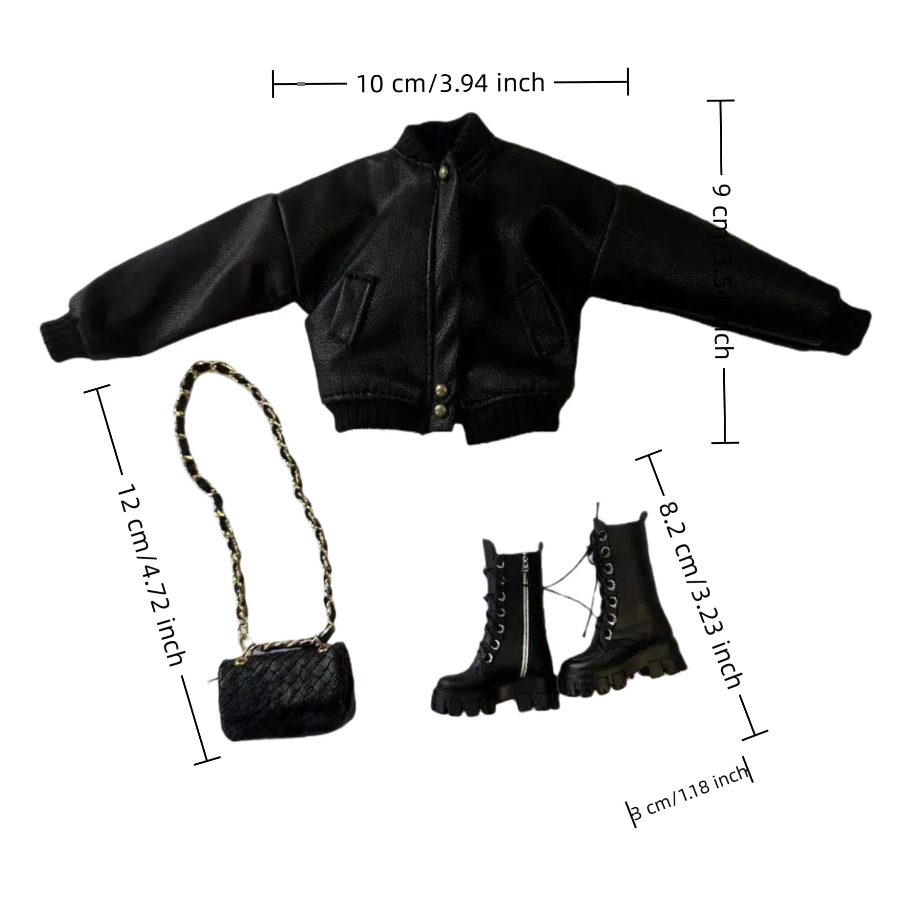 Black Fashion Doll Outfit Set, Bomberjacke mit Kampfstiefeln und Kettentasche für 11,5-12 Zoll Puppen, 1/6 BJD Actionfiguren