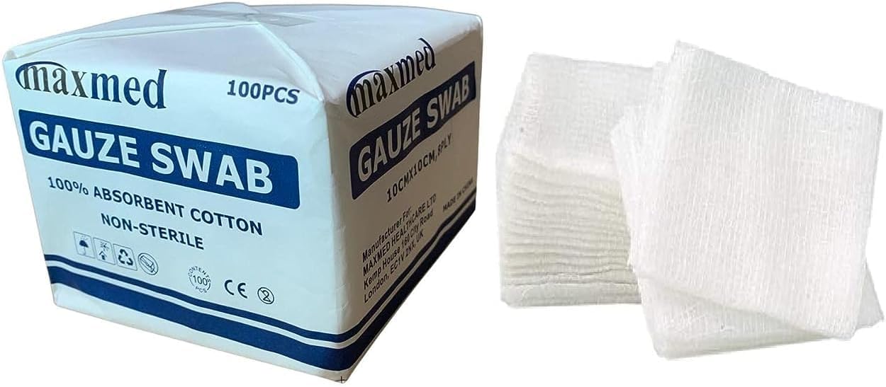 MAXMED 10cm x 10cm Non Sterile Gauze Pads for Wound Dressing| 100-Piece,8-Ply Cotton & Highly Absorbent| Gauze Sponge-Pads for Wound Care & Home First Aid Kit