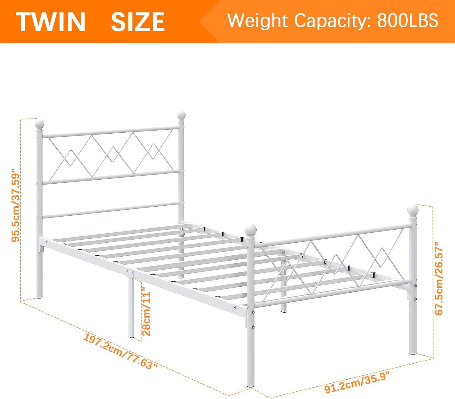 Elephance Twin Size Bed Frame,Metal Platform Bed Frame with Headboard and Footboard,Under Bed Storage,No Box Spring Needed,Easy Assembly,White
