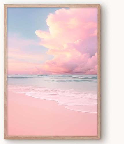 Vista 12 de Lienzo de playa rosa para pared, póster abstracto de océano azul, imagen de ola blanca, lienzo de paisaje marino rosa, azul, pintura de paisaje Lona