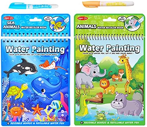 2 Pack Water Coloring Books for Toddler, Ocean Animal Reusable Magic Paint with Water Coloring for Kids Ages 3-5, Educational Learning Toddlers Travel Toys with Pens Best Birthday Gifts for Kids