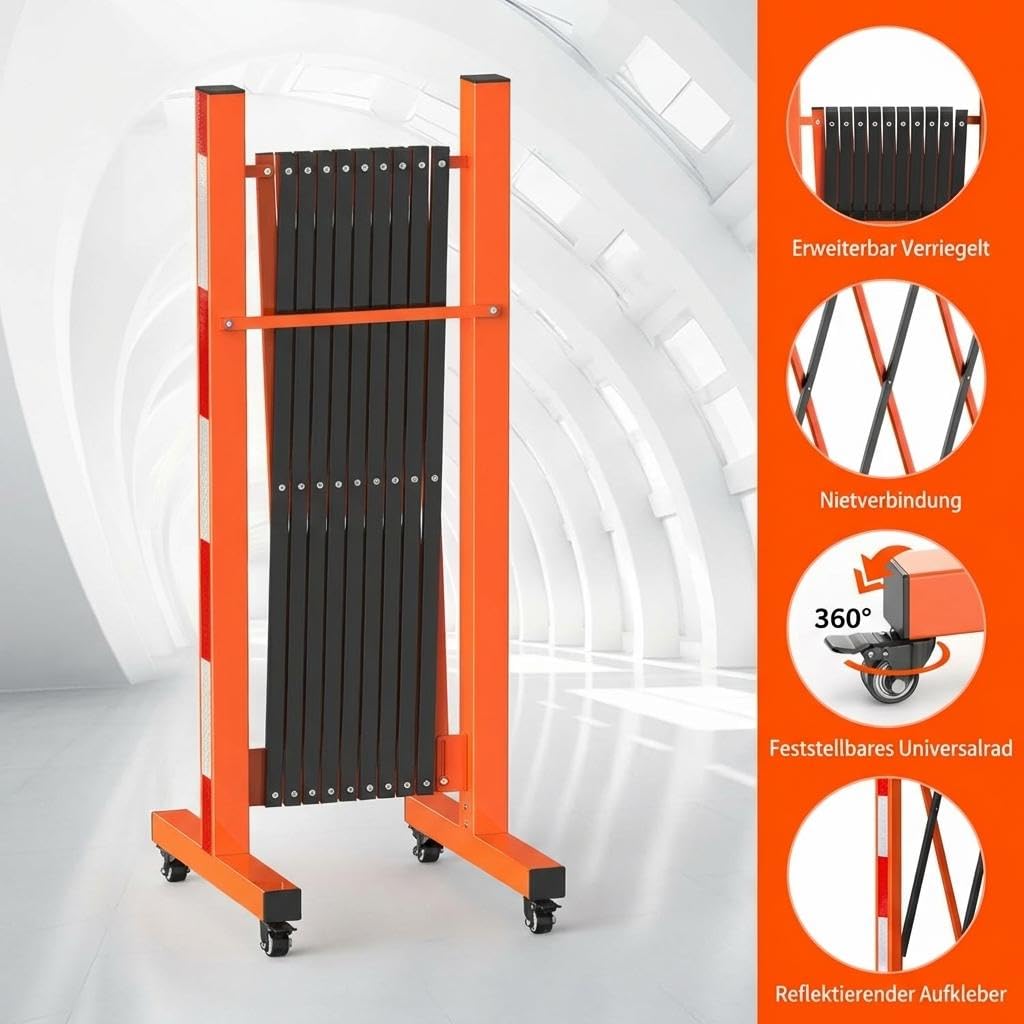 Ausziehbare Metall Absperrung 2.7m, Faltbares Sicherheitsgitter Aus Stahl Mit Rollen, Mobile Scherengitter Absperrbarriere Für Industrie, Lager, Baustelle Und Außenbereich, Schwarz Orange