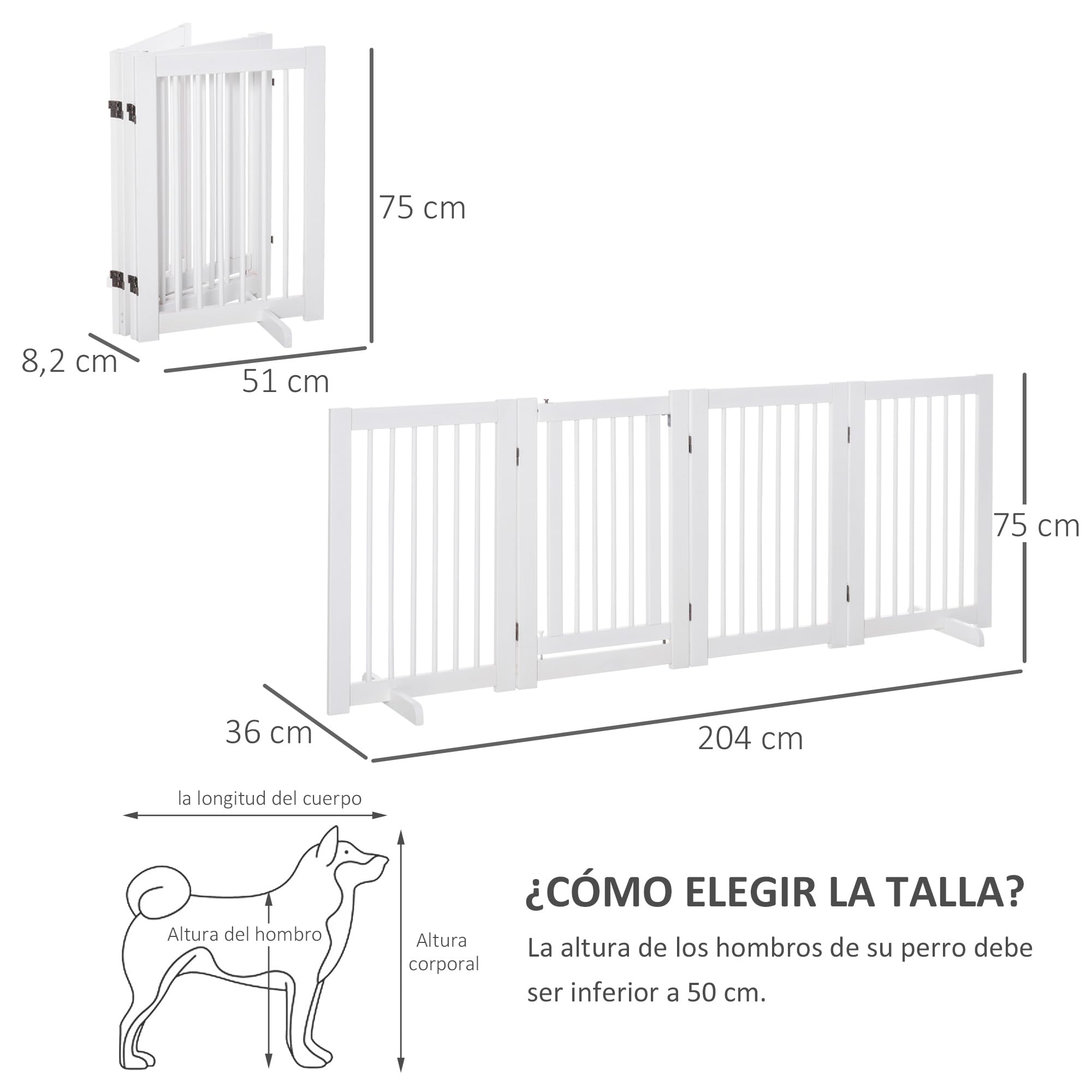 PawHut Barrera de Seguridad Perros de Madera Plegable 204x36x75 cm Blanco | para Escaleras y Puertas, Valla para Perros Pequeños y Medianos, 4 Paneles, con Soporte de Pie, para Interiores
