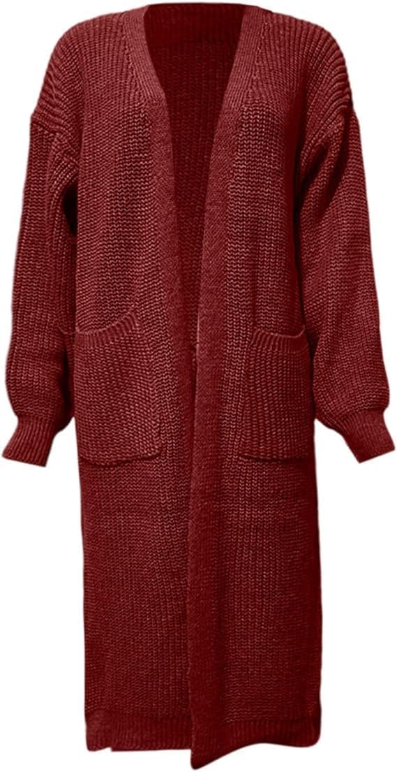 Long Sleeve Sweater for Women Oversized Open Front Cardigan Mid Length Knit Outwear Chunky Trendy Coat with Pocket