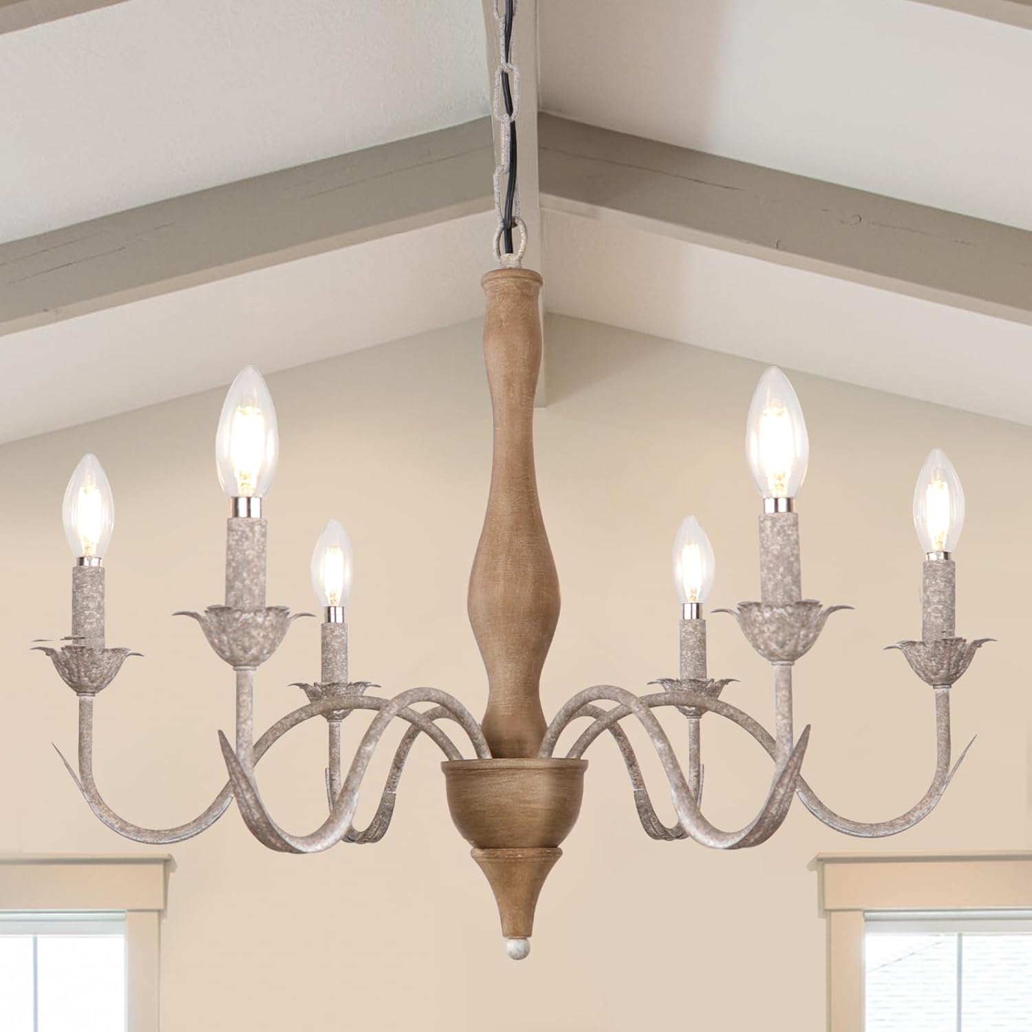 6-Light Wooden Farmhouse Chandelier, Rustic French Country Chandelier, Vintage Distressed Wooden Arm Light Fixture for Dinning Room, Bedroom, Kitchen Island, Cottage, Foyer, Hallway