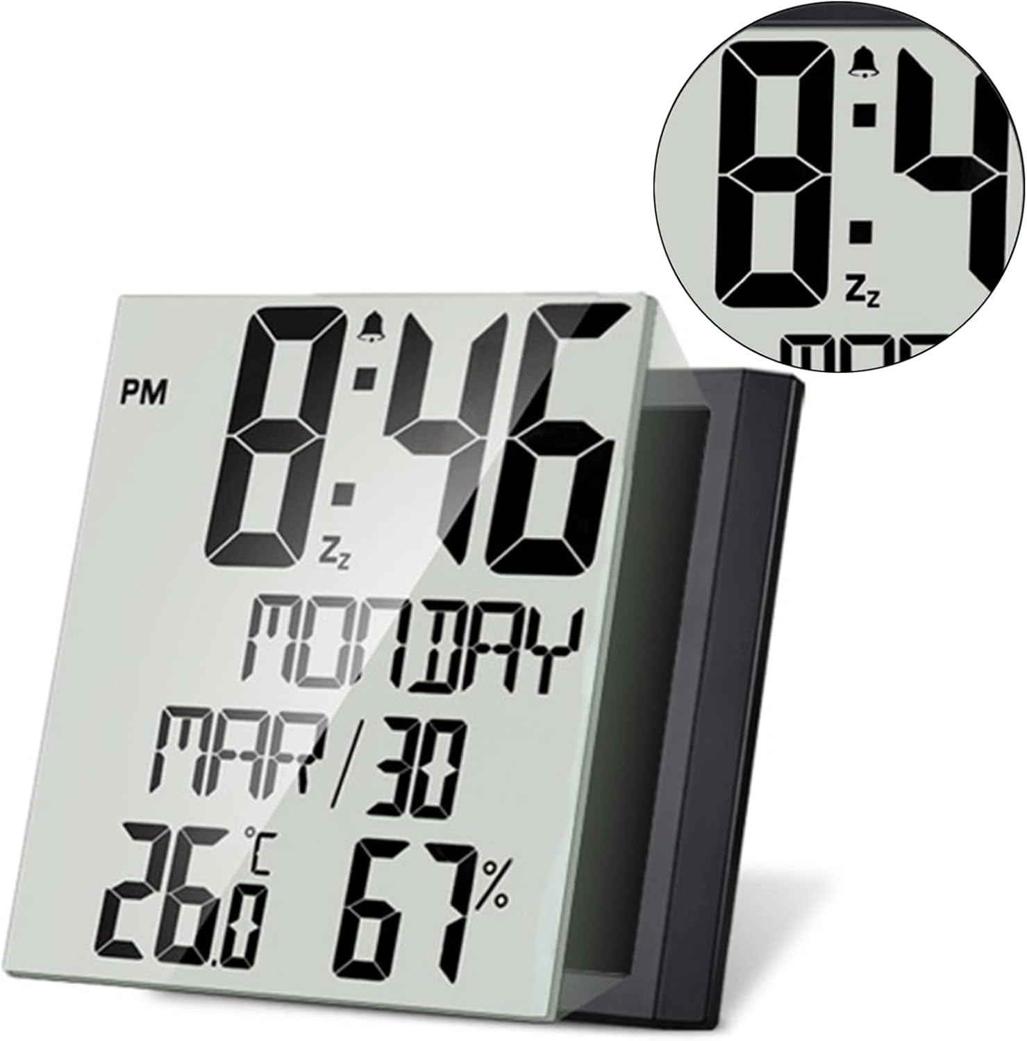 Front view of the ThreeH Digital Wall Clock displaying time, day, date, temperature, and humidity.