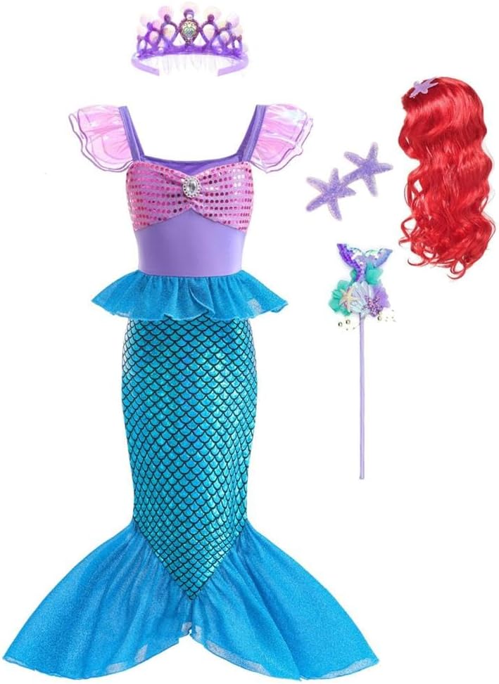Lito Angels Little Mermaid Princess Fancy Dress Up Costume Birthday Party Outfit with Accessories for Kids Girls Age 2-9 Years, Purple Blue