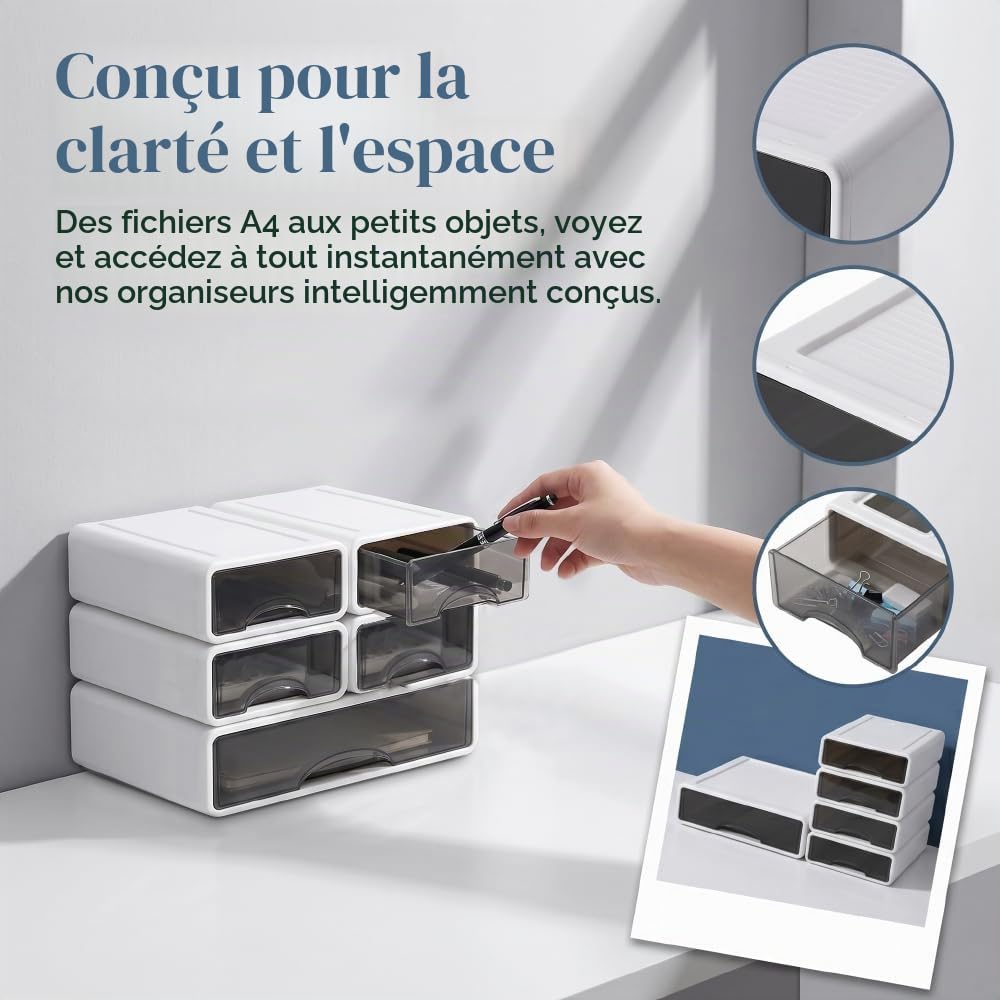 Lot de 5 Boîtes de Rangement Empilables, Organisateur de Bureau avec Tiroirs, 4 Petits + 1 Grand, Contenant en Plastique Blanc pour Papeterie, École, Maison, Gain de Place