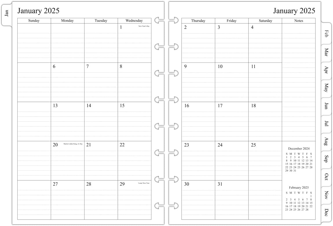newestor 2025 Monthly Planner Refill for 8-Disc Discbound Notebooks, Two Pages Per Month, Jan 2025 to Dec 2025, Junior Size 5.5"x8.5", 8-Disc Punches