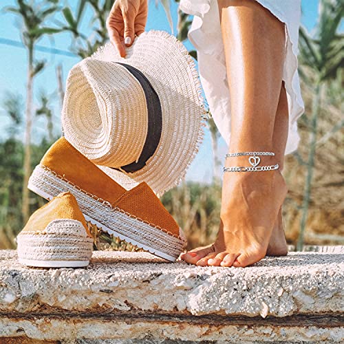 Image of Initial Ankle Bracelets for Women 2pcs 18K Gold Plated Handmade Layered Letter Heart Figaro Chain Flat Mariner Anklets for Women Cute Summer Beach Foot Jewelry
