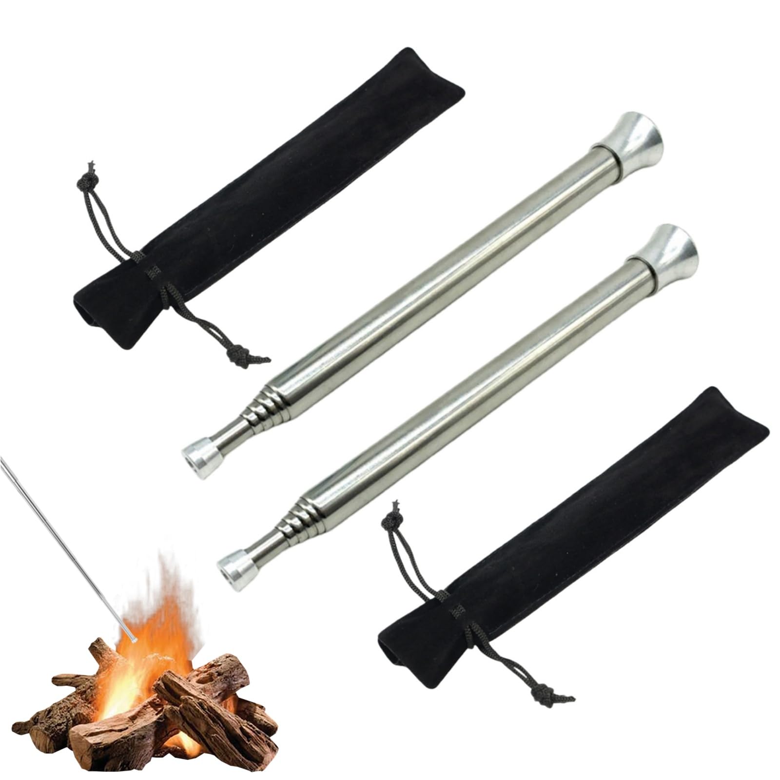 2pcs Fire Blower Tubes with 2 Storage Bag,Portable Fire Bellows & BBQ Blower Accessories - Stain/less Ste/el Retractable Camping Fire,Fireplace Ignition Tool,Suitable for Campers & Outdoor Enthusiasts