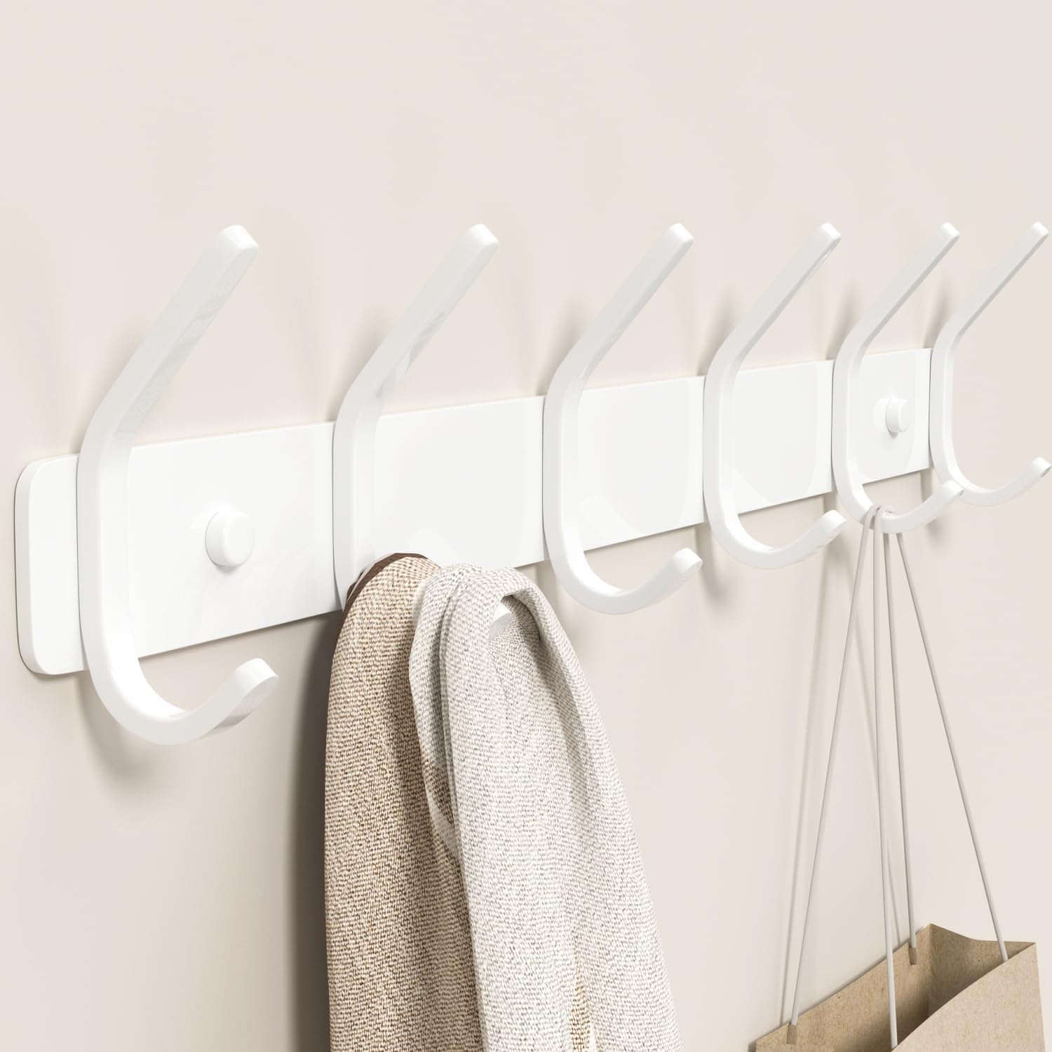 Coat Rack Wall Mount Hooks - 15 Inch Matte White Metal 6-Hook Organizer Wall Mounted, Modern Kids Room, Entryway & Bathroom Hanger for Beach Towels, Coats, Purses, Bags (1 Pack)
