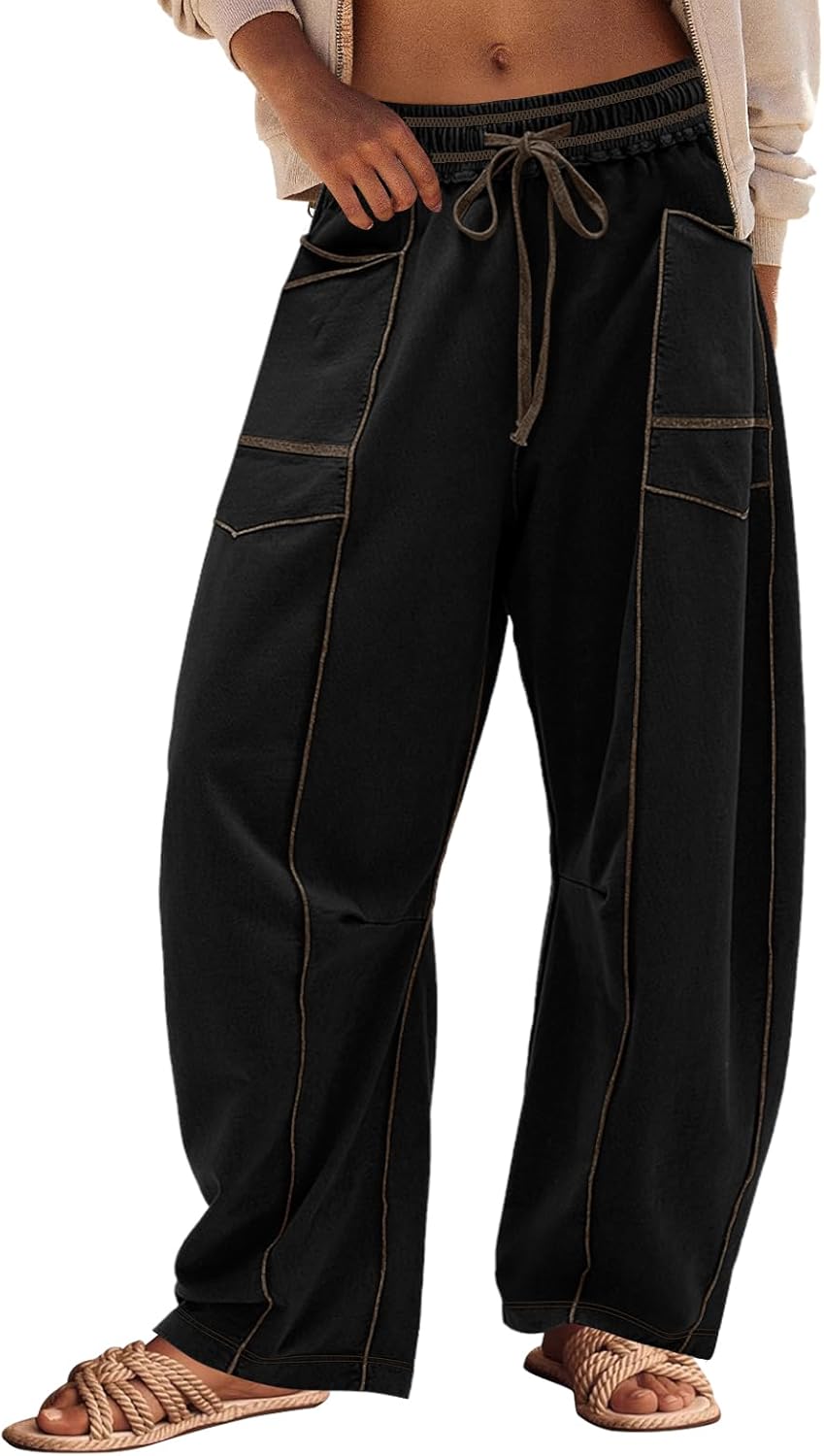 Panadila Womens Barrel Pants Drawstring Wide Leg Sweatpants Baggy Summer Lounge Pants Casual Beach Trousers