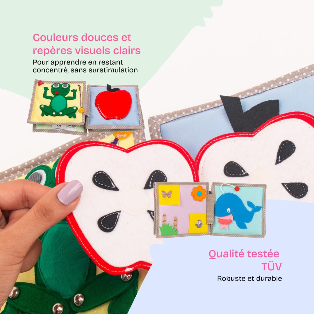 Jolly Designs Mini Quiet Book Lion Rêveur – Jouet Montessori dès 1 an – Livre d’activités Quiet Book en Tissu sans pièces détachables – Livre sensoriel & de motricité pour bébé