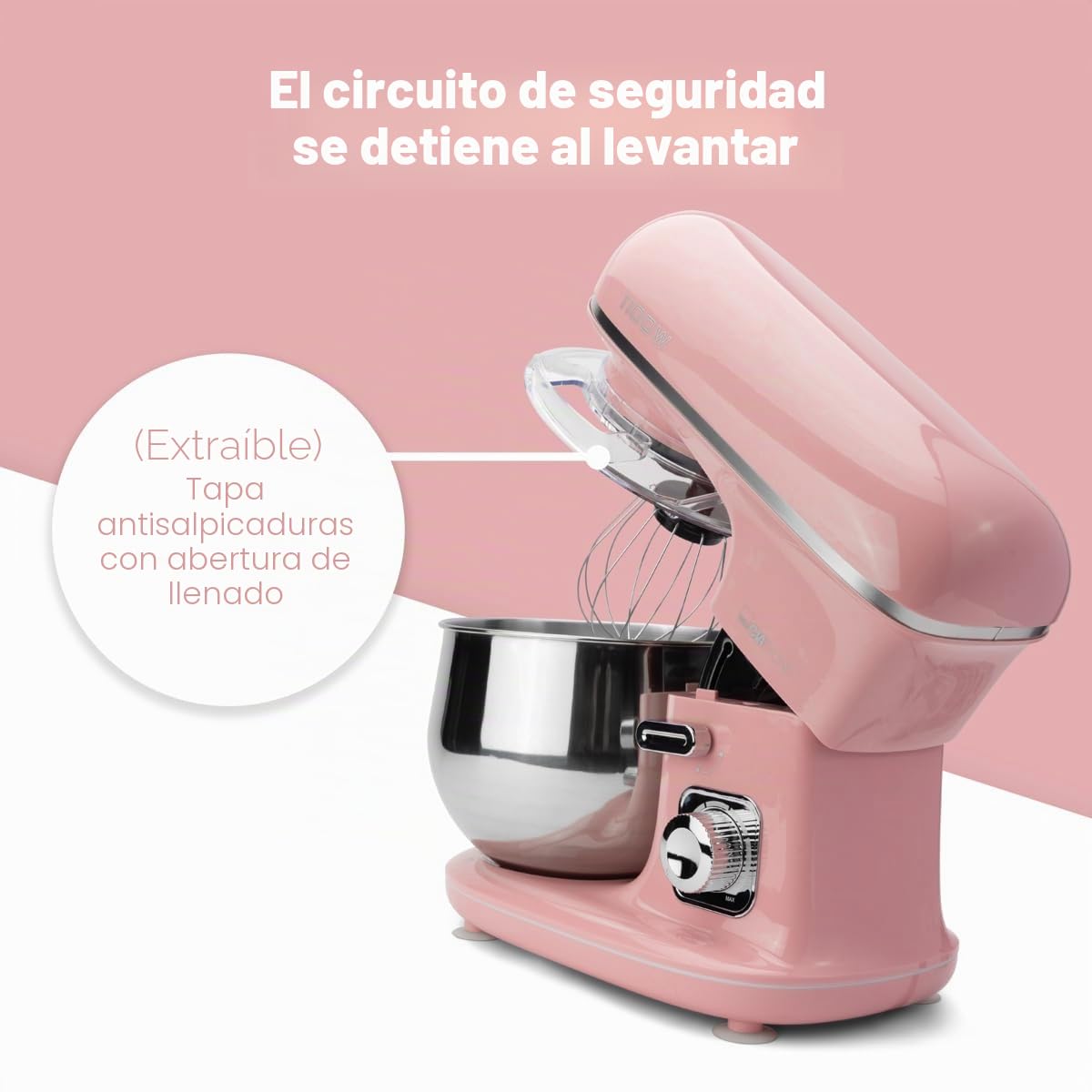 Clatronic® Máquina de Cocina Retro para Hornear | Amasadora 5L |1100W | Amasadora | Gancho y Batidor | Amasadora Protector contra salpicaduras con abertura de repuesto - KM 3711 rosa