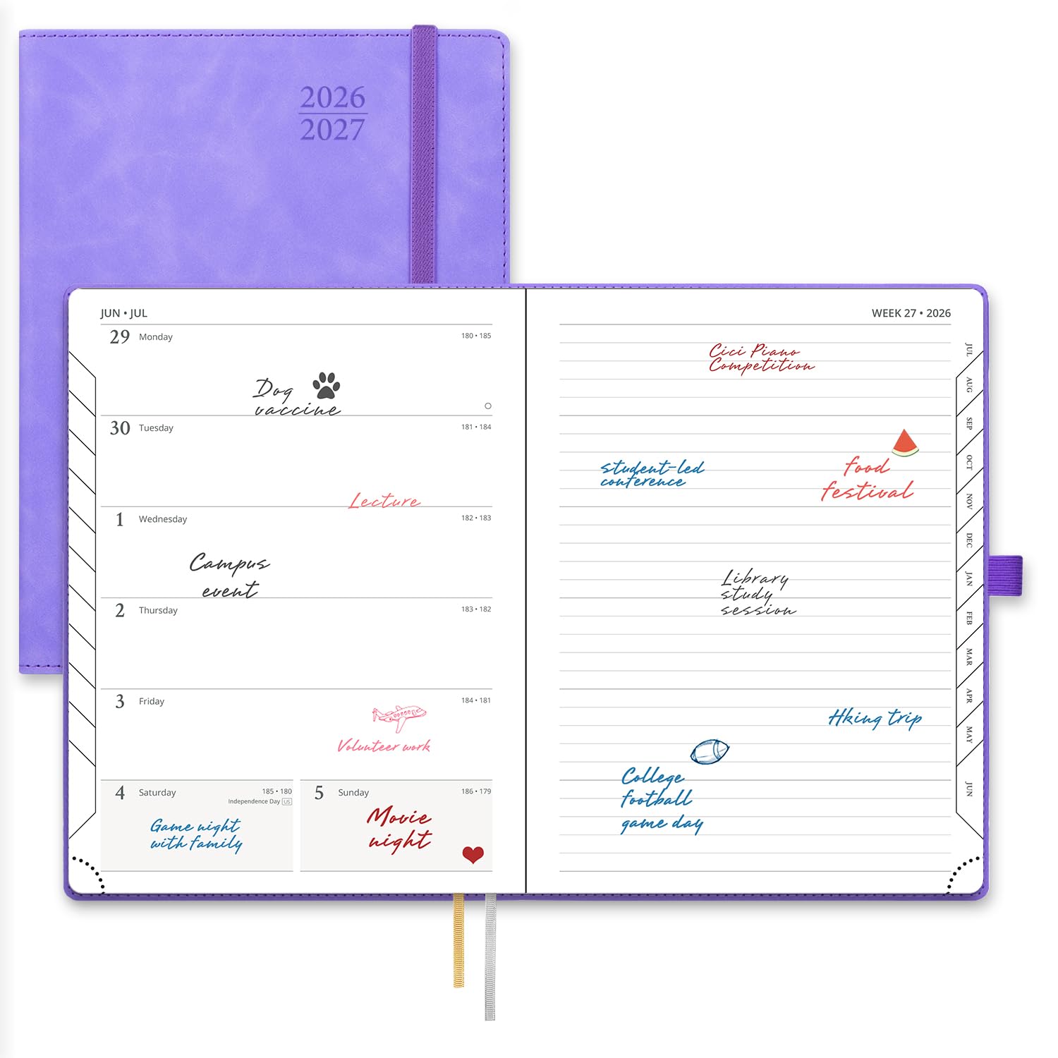 POPRUN Agenda semanal 2026-2027 (mediano 6.5 x 8.5 pulgadas), calendario académico (26 de julio al 27 de junio) libro de citas con pestañas mensuales, cubierta suave de cuero, bolsillo interior, 100 g