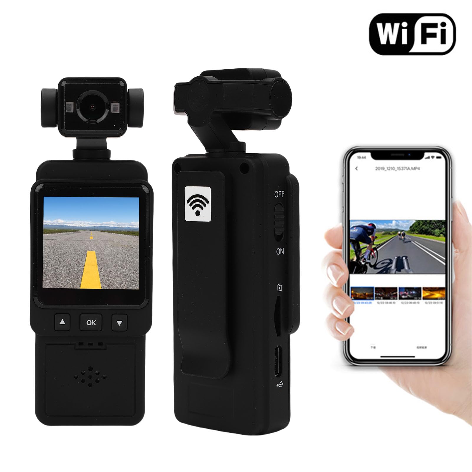 Kieszonkowa Kamera HD, Przenośna Kamera do Nagrywania Wideo 1080P z Wyświetlaczem 1,54 Cala, 3-osiowa Stabilizacja, WiFi, Nagrywanie w Pętli, Zwolnione Tempo, do Uprawiania (Bez karty pamięci)
