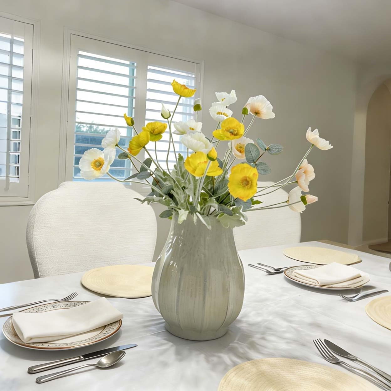 Poppy Artificial Flowers and Eucalyptus Stems, Fake White Yellow Stems for Vase, Silk Flowers Arrangement for Wedding Party Farmhouse Home Office Table Centerpieces Decorations