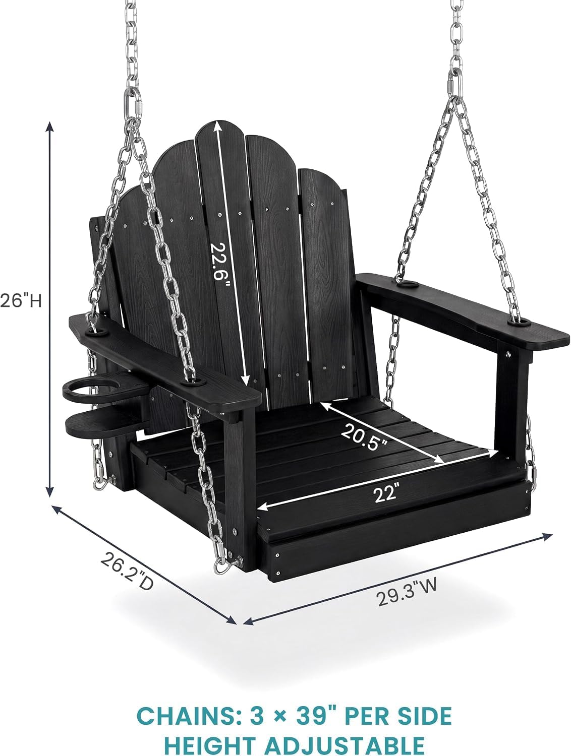 Single Outdoor Swing Chair with Cup Holder, HDPE Porch Swing, Black | Wood-grain poly lumber seat for patio, deck or balcony; galvanized chains; one adult to 300 lb; compact 29.3 in wide image 2