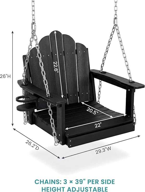 TinFrey Single Outdoor Swing Chair with Cup Holder, HDPE Porch Swing, Black image 2