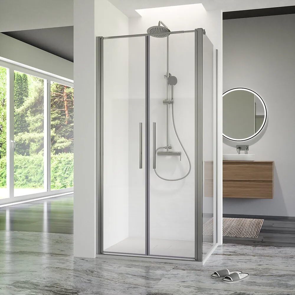 Box doccia 80x80cm con apertura saloon e parete fissa, profili cromati e vetro da 6mm trasparente h195 | Elba