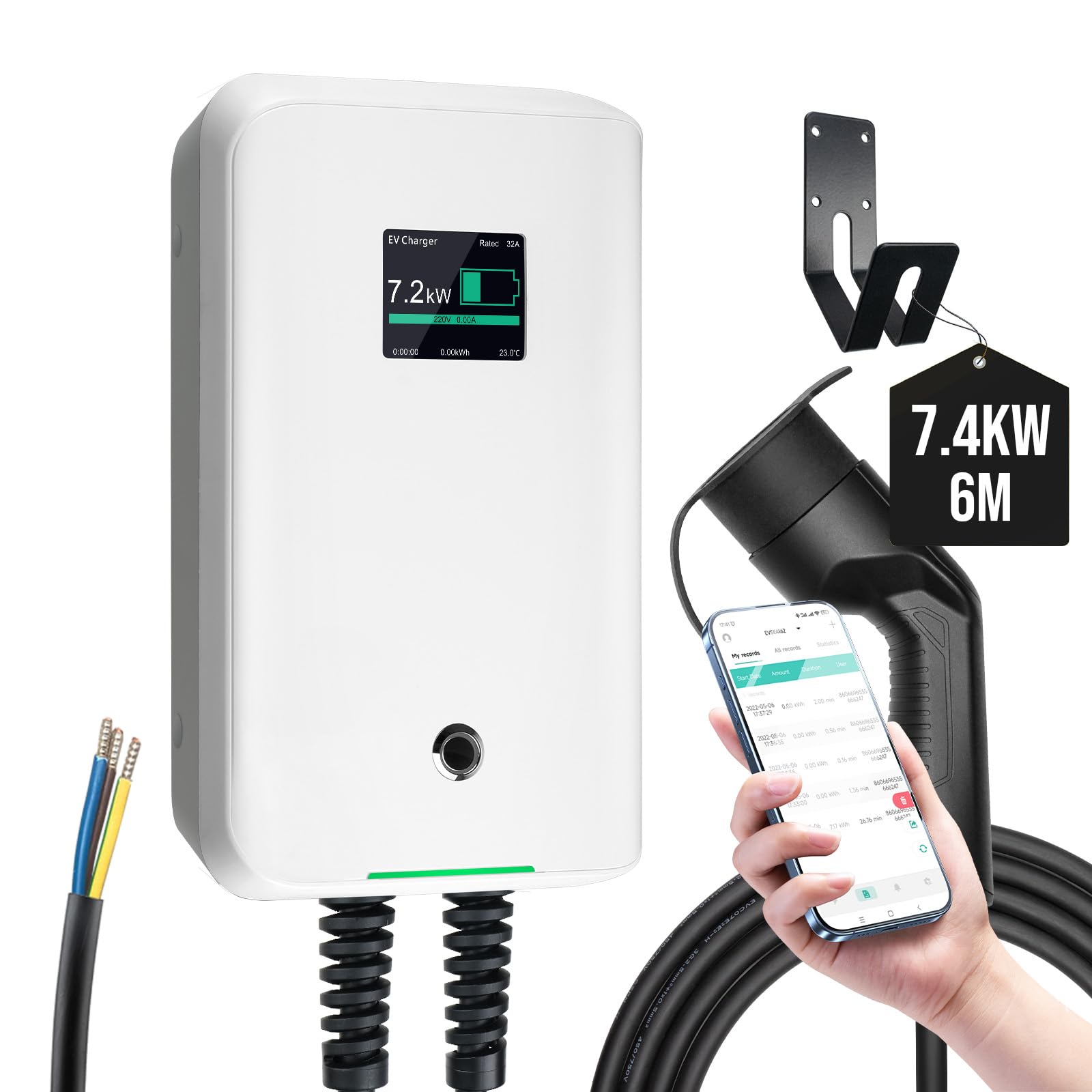 Morec ev Cargador Tipo 2 32A 7 kW con aplicación Compatible con Bluetooth y conexión WiFi ev estación de Carga IEC 62196-2 Enchufe estándar y con Cable de alimentación a la Caja de distribución ...