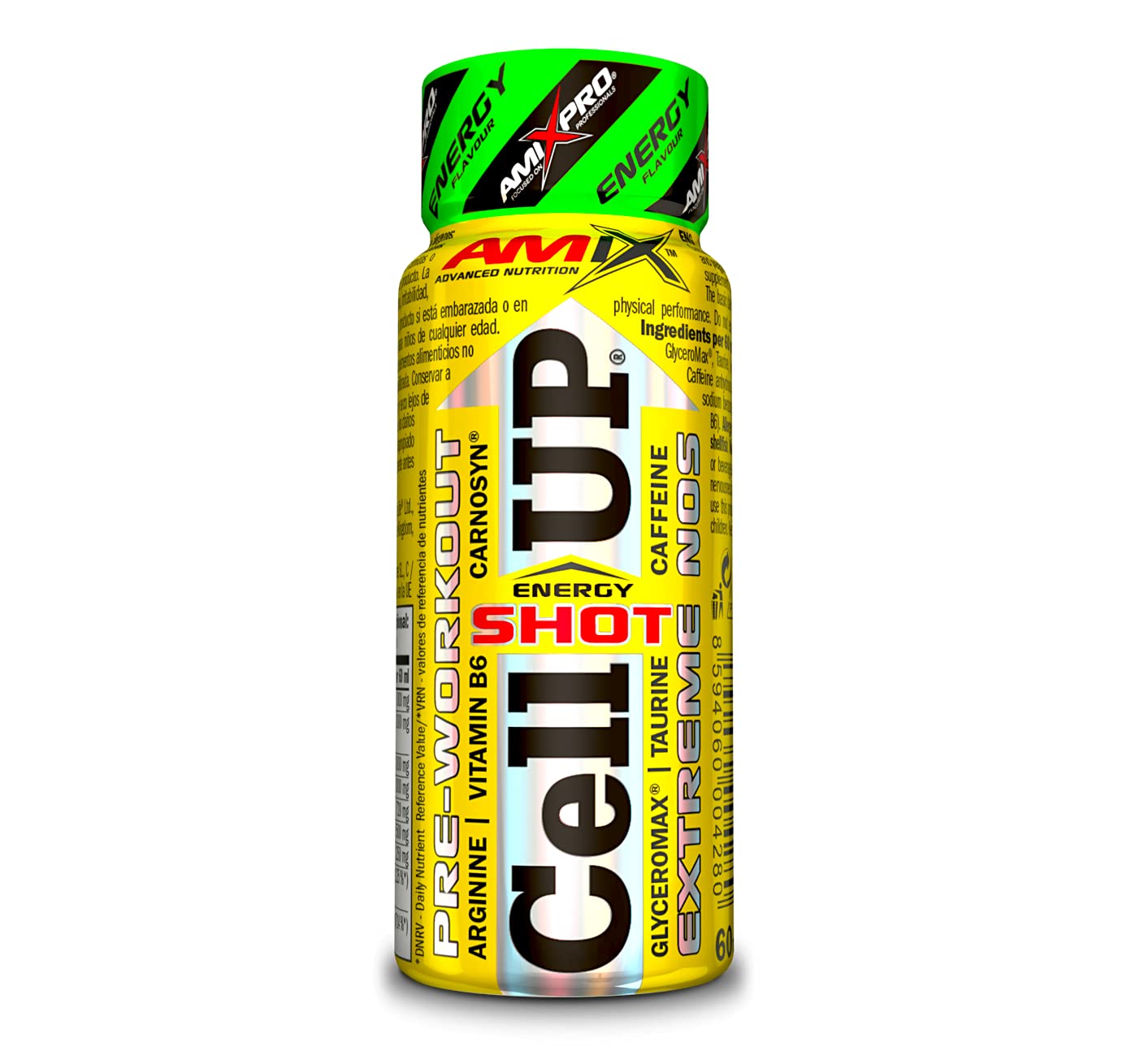 Amix - Cellup Shot - Suplemento Alimenticio - Contiene Cafeína - Aumenta la Fuerza y Congestión Muscular - Fórmula Pre-Entrenamiento - Nutrición Deportiva - Sabor a Energy - 20 Viales de 60 ml