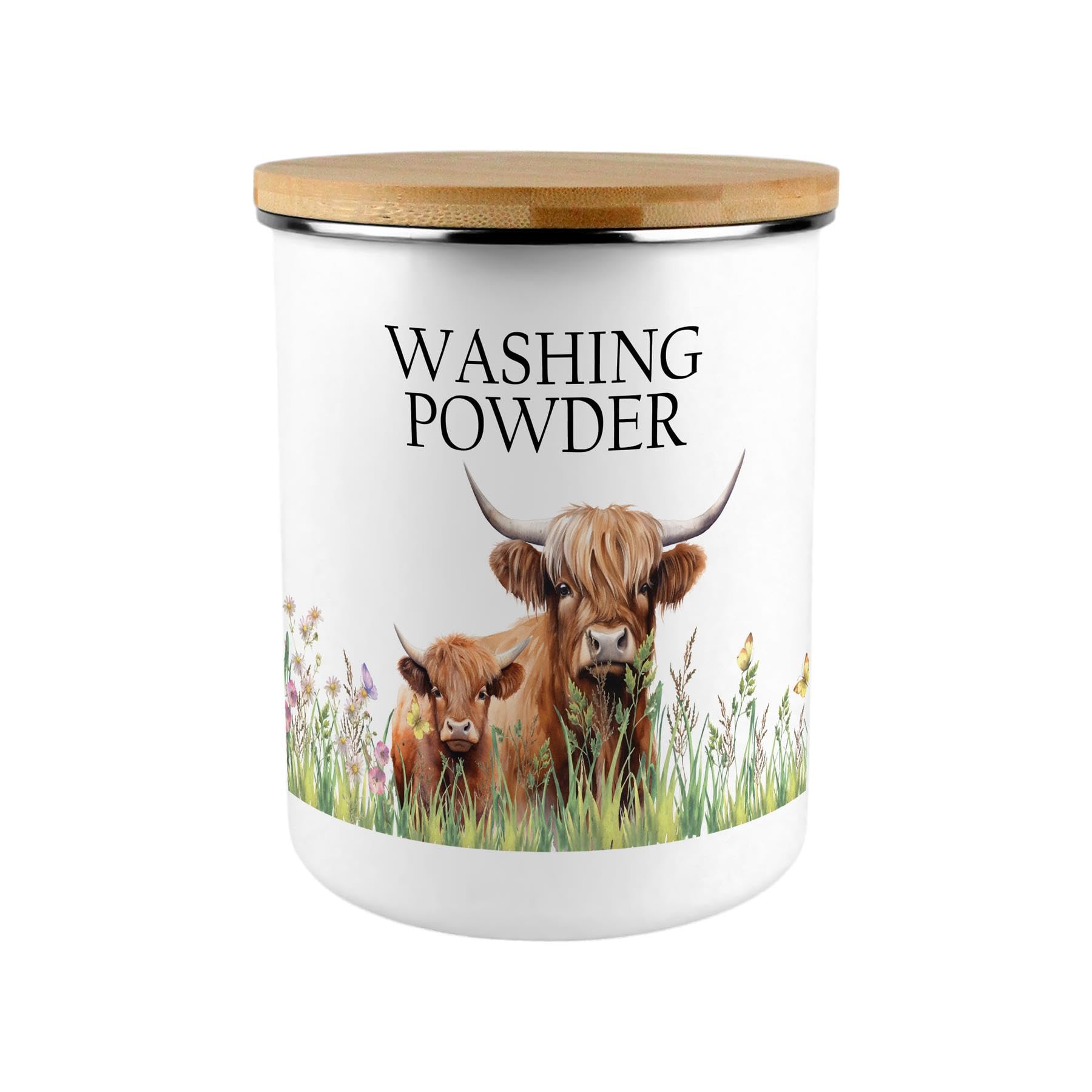 Purely Home Highland Cow & Calf Washing Powder Canister - Countryside Farm Animals Large Enamel Kitchen Pantry Food Storage Container Gift
