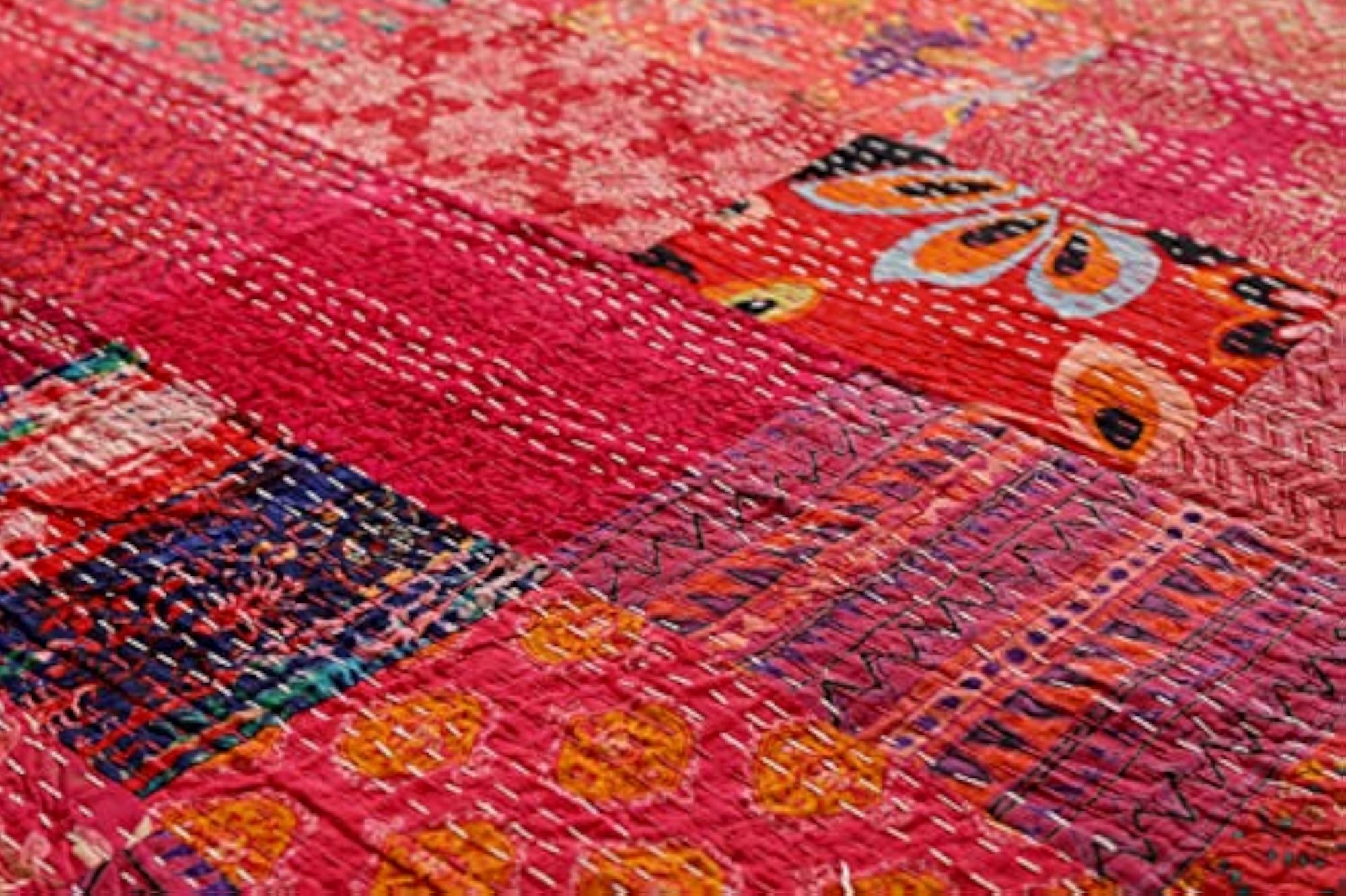 Red Patchwork Kantha Quilted Quilt Blanket