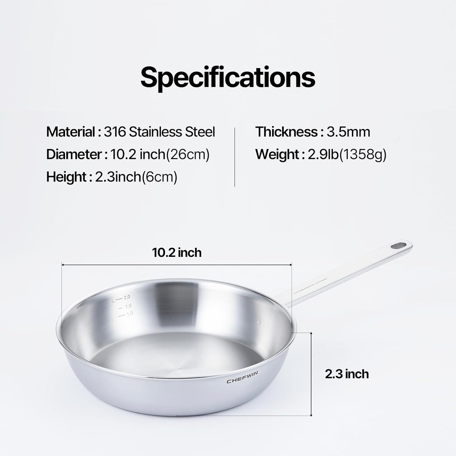 10.2-Inch 316 Stainless Steel Frying Pan, 5-Ply Saute pan, Deep Skillet, Induction Cookware, Dishwasher Safe & Oven Safe, Professional Cookware - Image 4