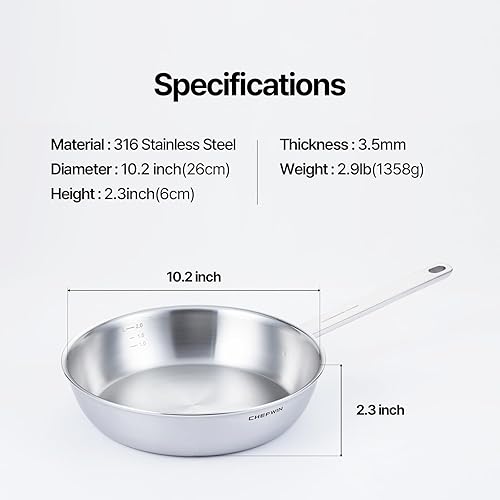 Miniatura 4 de Sartén de acero inoxidable 316 de 10.2 pulgadas, sartén de 5 capas, sartén profunda, utensilios de cocina de inducción, apto para lavavajillas y