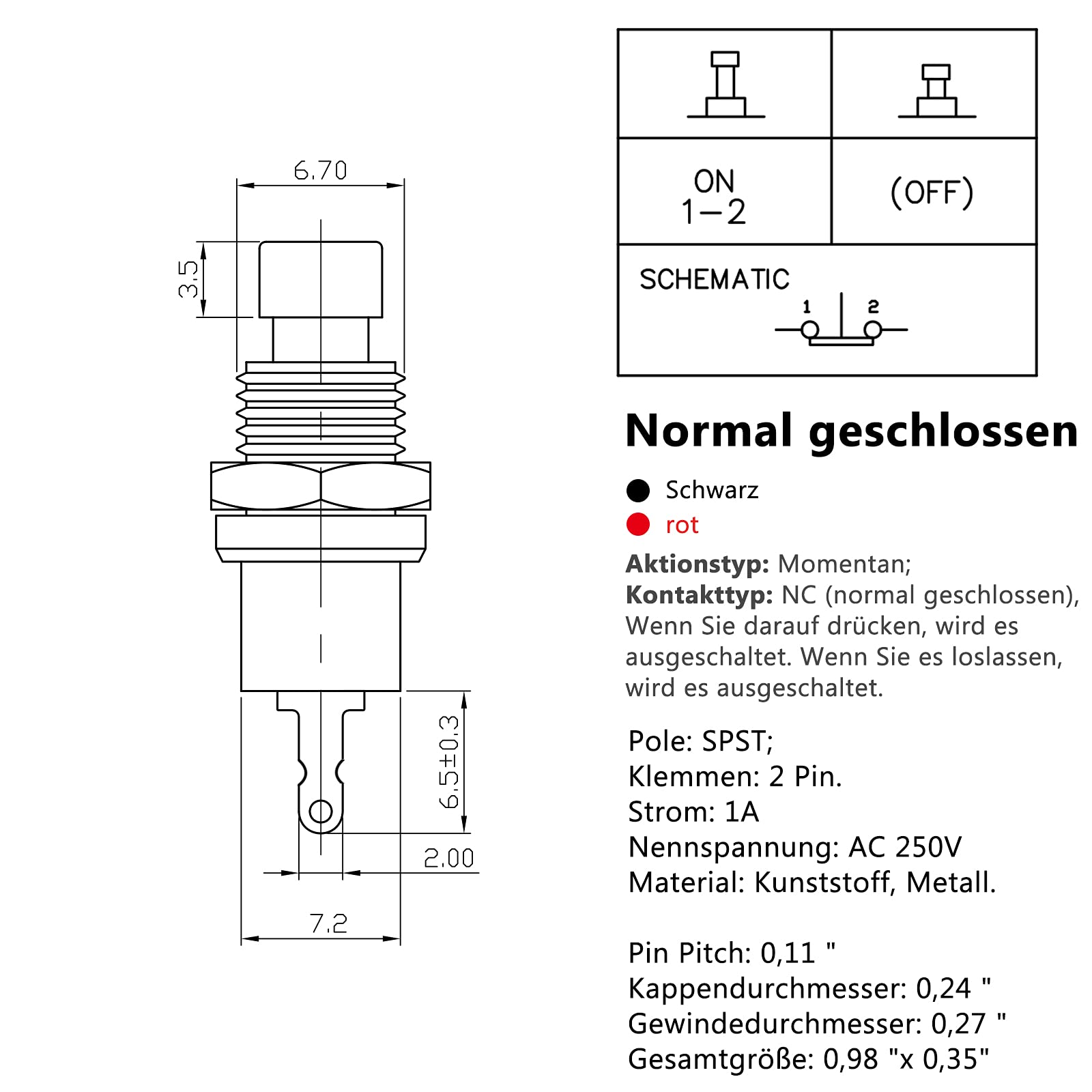 Interruttori A Pulsante Mini Micro - Set Da 10 Pezzi PBS-110 PBS-105B 1A 250V AC, Tappo Rosso NC - Foto 2