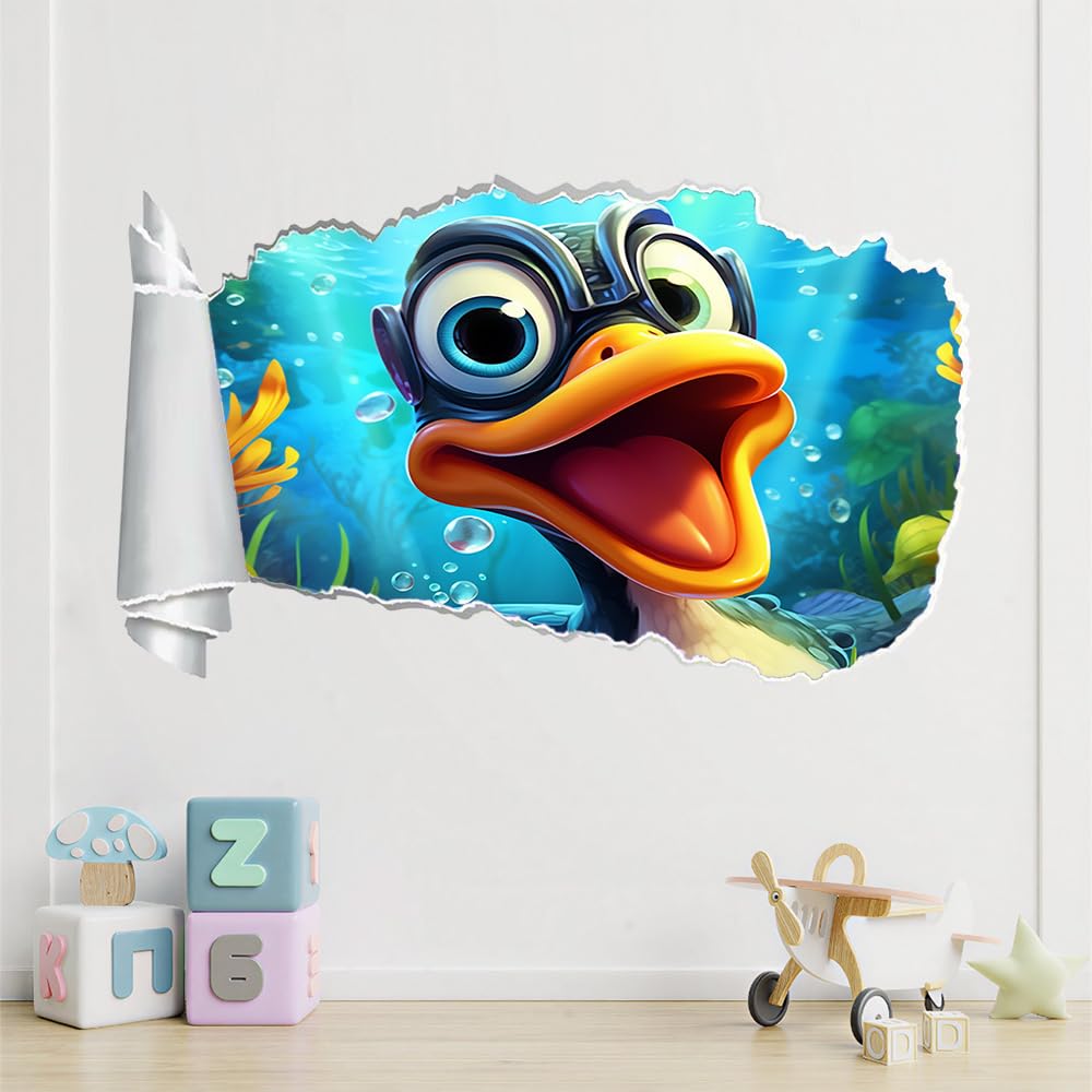 3D Durchbruch Wandtattoo Mädchen Kinderzimmer Enten-Cartoon Wandaufkleber Dekorative Meereskorallen Wandsticker für Junge Teenager Zimmer Wohnzimmer Schlafzimmer Wandbilder Deko
